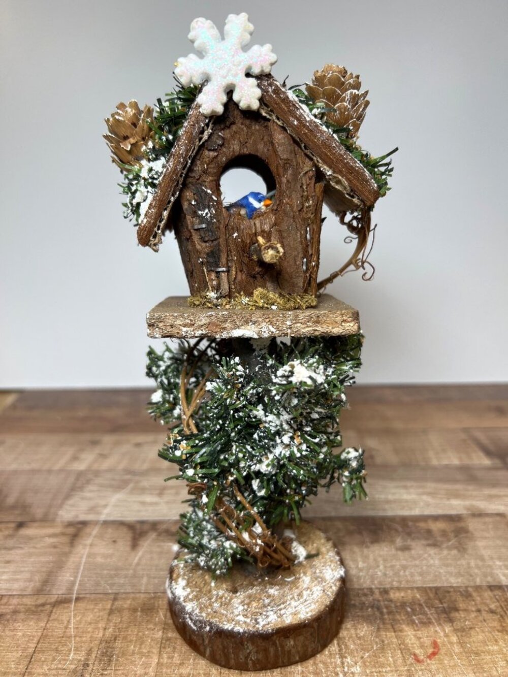 Rustic Miniature Snowy Birdhouse Figurine With Pinecone Accent Christmas